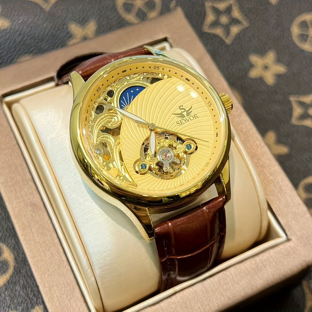 Men'S Vintage Mechanical Watch with Skeleton Design, Golden-Tone Alloy Case & Faux Leather Strap - Elegant Business Casual Wristwatch, No Battery Needed, Unique Gift for Him, Christmas Present, Luxury Watch, Sophisticated Craftsmanship