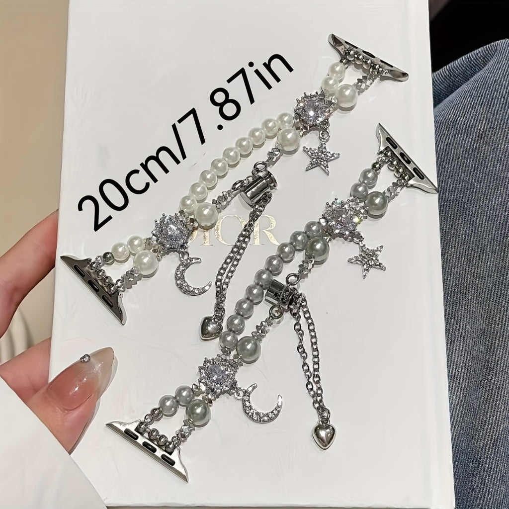 Elegant Star and Moon Design Smartwatch Band with Faux Pearls and Sparkling Crystals, Durable Metal Alloy Watch Strap for Apple Watch - No Battery, Tech Accessory | Elegant Accessory | Alloy Constructio