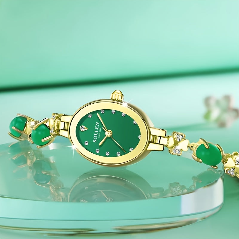 Vintage Oval Radiance Quartz Bracelet Watch for Women - Emerald Green Dial & Rose Golden Case, Sparkling Accents, Elegant Romantic Design for Valentine's Day, Chinese New Year, Mardi Gras Gifts, Bling Watch, Special Occasion Wristwatch, Goldtone Bracelet