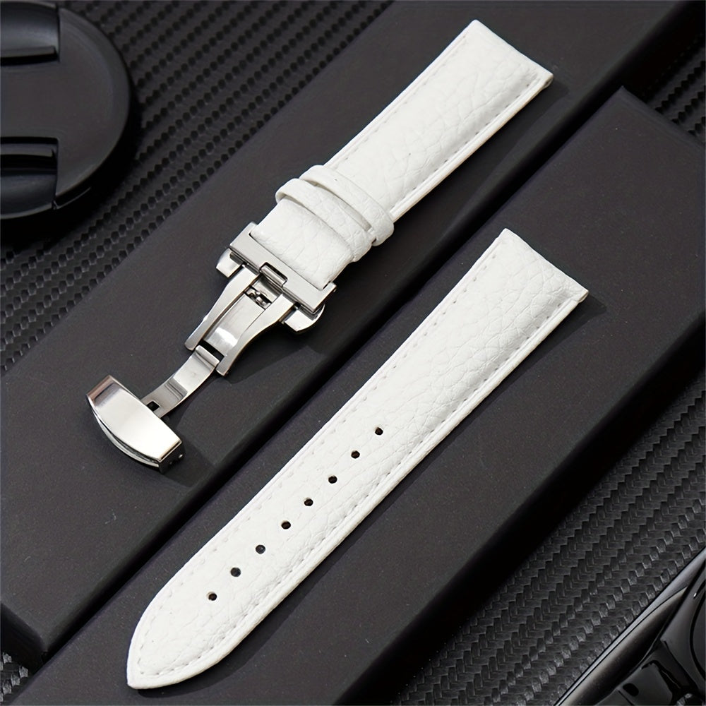 Stylish Synthetic Synthetic Leather Watch Strap with Butterfly Clasp - Soft Litchi Texture, White, 20mm\u002F22mm, Stainless Steel Buckle, Adjustable Fit for Men and Women