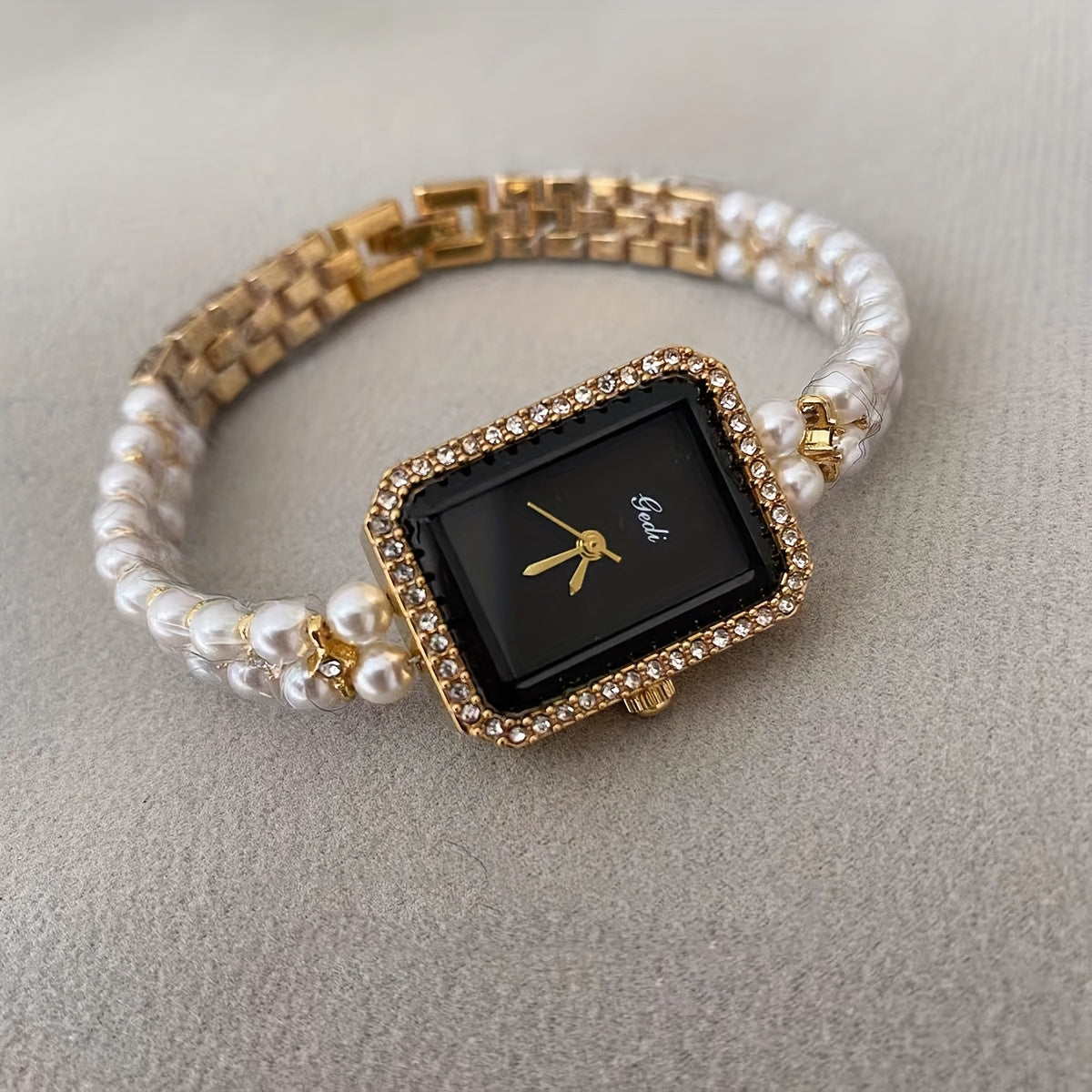 Elegant Square Dial Faux Pearl Bracelet Watch with Golden-Tone Zinc Alloy Band, Sparkling Rhinestone Accents, and Roman Numerals - Chic Fashion Accessory for Women, Ladies Watch