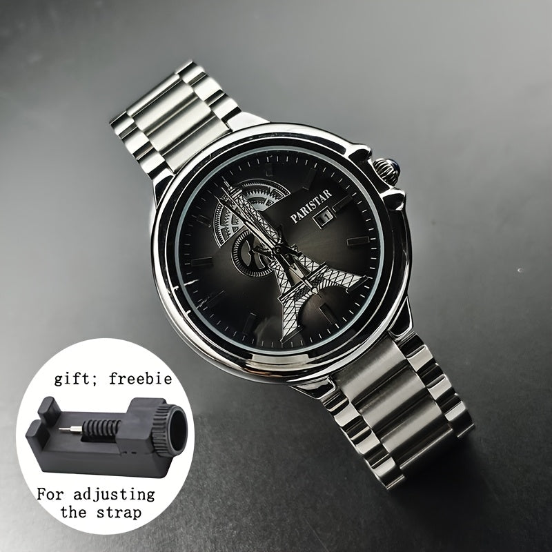 Men's Classic Quartz Watch with Unique Iron Tower Design