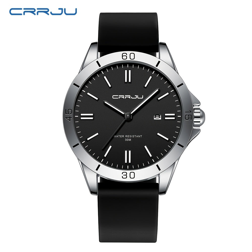 1pc CRJJU Sports Watch 1pc CRJJU Men's Sports Watch | Casual Simple Waterproof Quartz with Calendar, Round Zinc Alloy Case, Rubber Strap, Battery Powered Electronic Movement, Non-Precious Metal, Glow Details