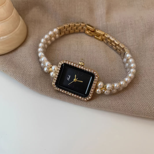 Elegant Square Dial Faux Pearl Bracelet Watch with Golden-Tone Zinc Alloy Band, Sparkling Rhinestone Accents, and Roman Numerals - Chic Fashion Accessory for Women, Ladies Watch