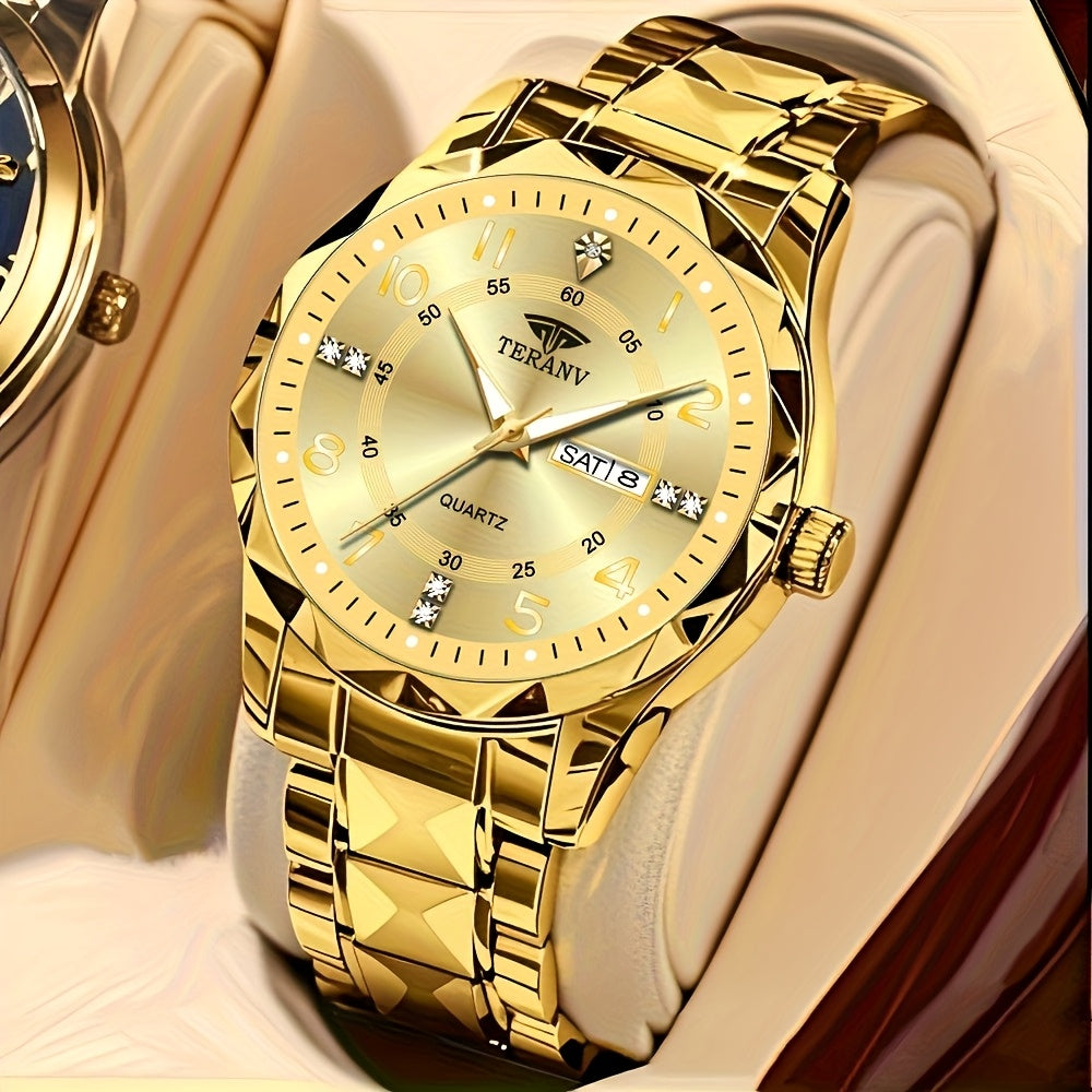 Fashion Men'S Quartz Watch Rhombus Numeral Dial Double Calendar Luminous Waterproof Steel Strap Watch Rhinestone Decorative Watch Business Watch Gift