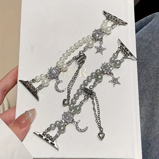 Elegant Star and Moon Design Smartwatch Band with Faux Pearls and Sparkling Crystals, Durable Metal Alloy Watch Strap for Apple Watch - No Battery, Tech Accessory | Elegant Accessory | Alloy Constructio