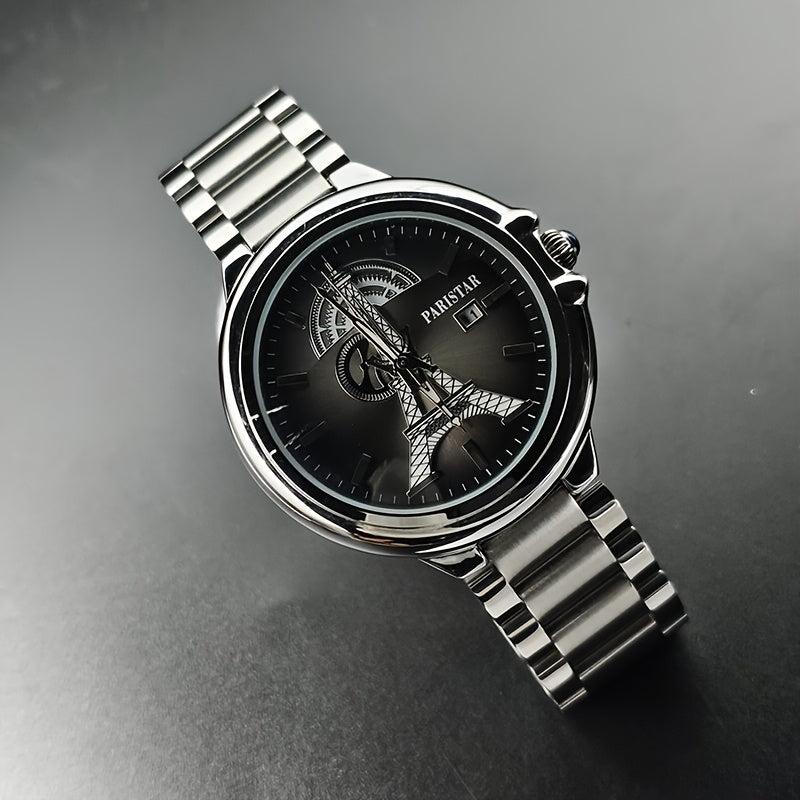 Men's Classic Quartz Watch with Unique Iron Tower Design