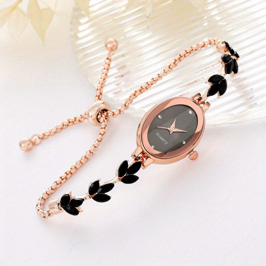 Elegant Rose Golden Women'S Watch with Black Leaf Accents - Mechanical Movement, Alloy Case & Band, Dial Display, Non, Stylish Accessory for Casual Attire, Casual Accessory | Elegant Watch Design | Alloy Watch Case