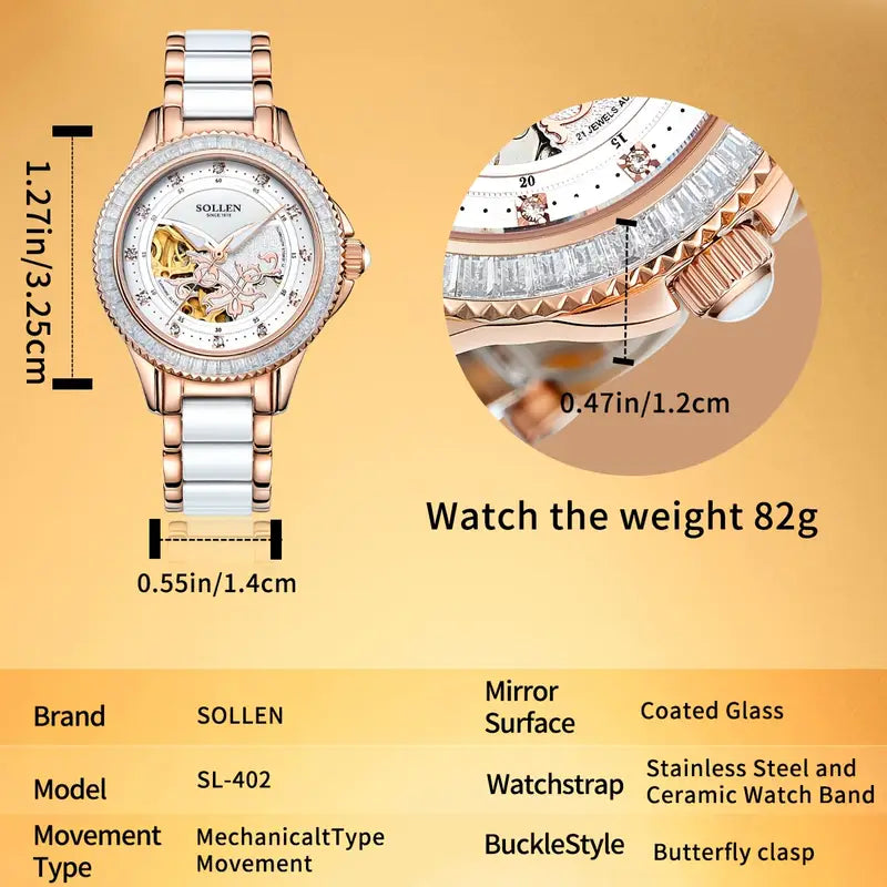 Women'S Elegant Mechanical Watch - Model 402, Featuring a Skeleton Design (Openwork), Ceramic Bracelet, Light Luxury Style