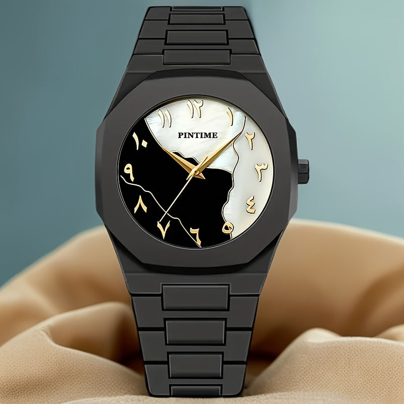 PINTIME Black Golden Trendy Casual Watch, Ultra-Thin Lightweight Quartz Wristwatch, Polygonal Dial with Arabic Numeral Markings, Simple And Stylish Couple'S Model for Students.