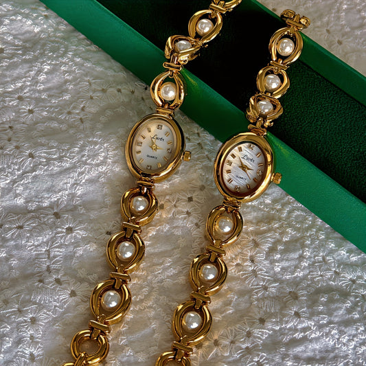 Elegant Quartz Watch Golden-Tone Elegant Women's Quartz Watch - French-Inspired Oval Analog Display, Stainless Steel Band, Pearl Bracelet, Ideal for Daily Wear & Special Occasions, Perfect Gift for Valentine's, Easter, Birthdays, Mother's Day