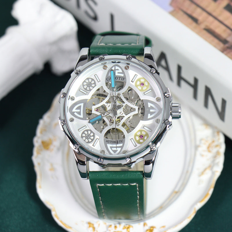 1pc KIMSDUN Men'S Casual Mechanical Watch, White Green Faux Leather Strap, Fashion Night Glow Clover Design, Zinc Alloy Case, Self-Winding Movement, Pointer Display - Youth Fashion Accessory, Without Battery