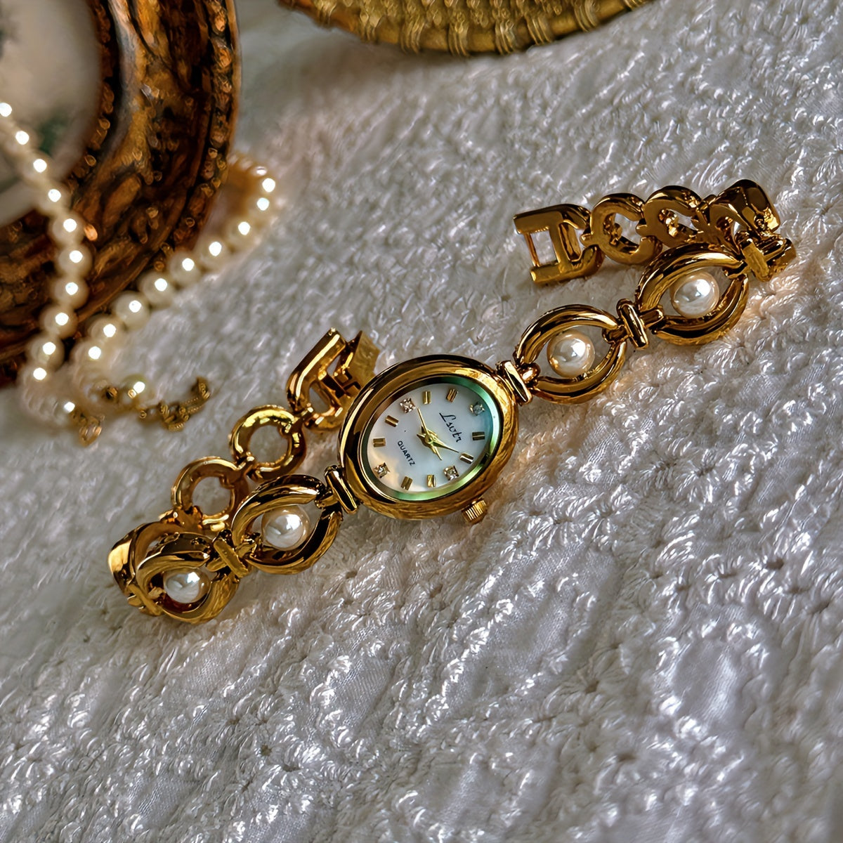 Elegant Quartz Watch Golden-Tone Elegant Women's Quartz Watch - French-Inspired Oval Analog Display, Stainless Steel Band, Pearl Bracelet, Ideal for Daily Wear & Special Occasions, Perfect Gift for Valentine's, Easter, Birthdays, Mother's Day
