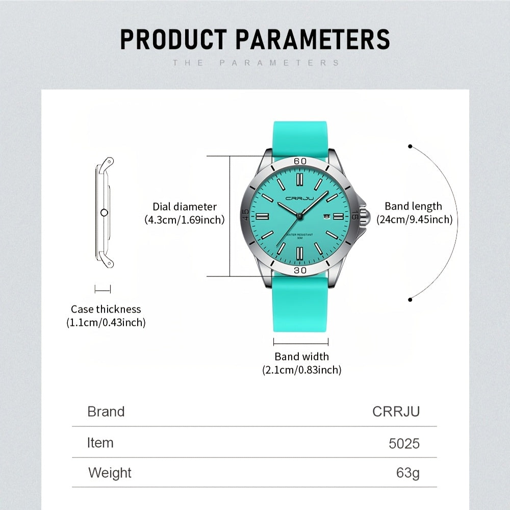 1pc CRJJU Sports Watch 1pc CRJJU Men's Sports Watch | Casual Simple Waterproof Quartz with Calendar, Round Zinc Alloy Case, Rubber Strap, Battery Powered Electronic Movement, Non-Precious Metal, Glow Details