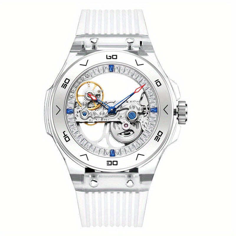 HANBORO Women's Automatic Mechanical Watch with Transparent Dial - Glamorous Skeleton Design, Silicone Strap, Round Case, Battery-Free Luxury Fashion Accessory (HBR963-2), Elegant Wristwatch, Highquality Finish