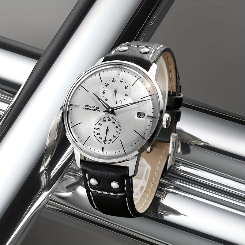 FEICE Brand Magic Pattern Series 3D Double Curved Surface Mirror Business Casual Men's Watch Automatic Mechanical Watch Cowhide Strap Simple Men's Watch Waterproof Luminous Hands Independent Second Dial Calendar Energy Needle Indication