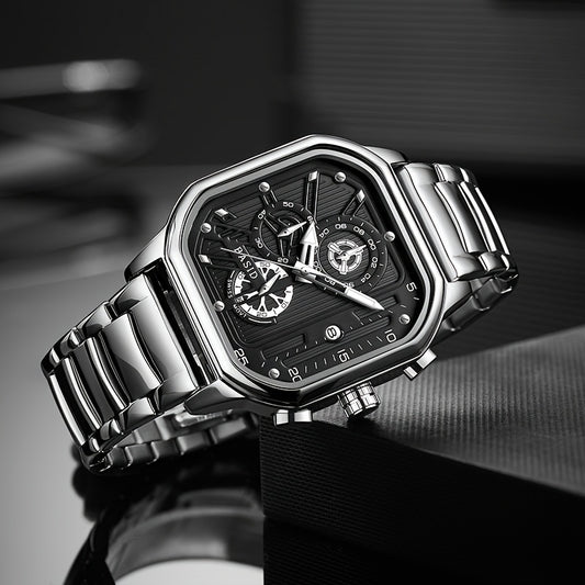 Men'S Elegant Black Silveryy Stainless Steel Quartz Watch with World Time & Date Display, Multi-Functional Dial, Pointer Display, Battery-Powered (Button Cell) for Casual & Formal Wear, Formal Timepiece, Robust Timepiece