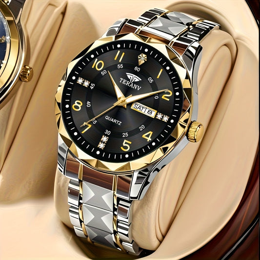Fashion Men'S Quartz Watch Rhombus Numeral Dial Double Calendar Luminous Waterproof Steel Strap Watch Rhinestone Decorative Watch Business Watch Gift