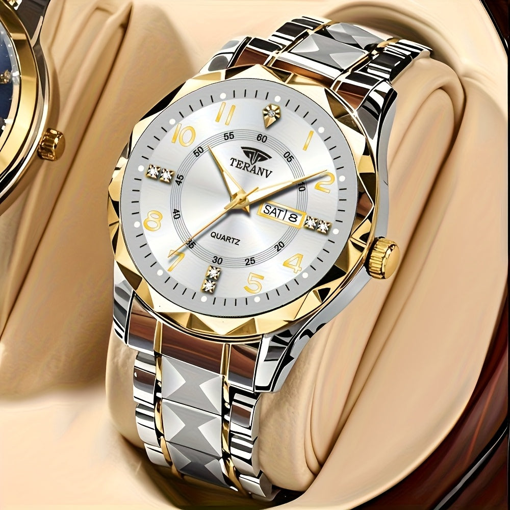 Fashion Men'S Quartz Watch Rhombus Numeral Dial Double Calendar Luminous Waterproof Steel Strap Watch Rhinestone Decorative Watch Business Watch Gift