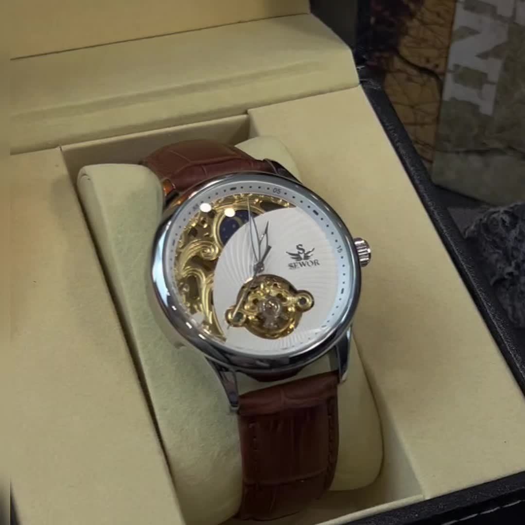 Men'S Vintage Mechanical Watch with Skeleton Design, Golden-Tone Alloy Case & Faux Leather Strap - Elegant Business Casual Wristwatch, No Battery Needed, Unique Gift for Him, Christmas Present, Luxury Watch, Sophisticated Craftsmanship