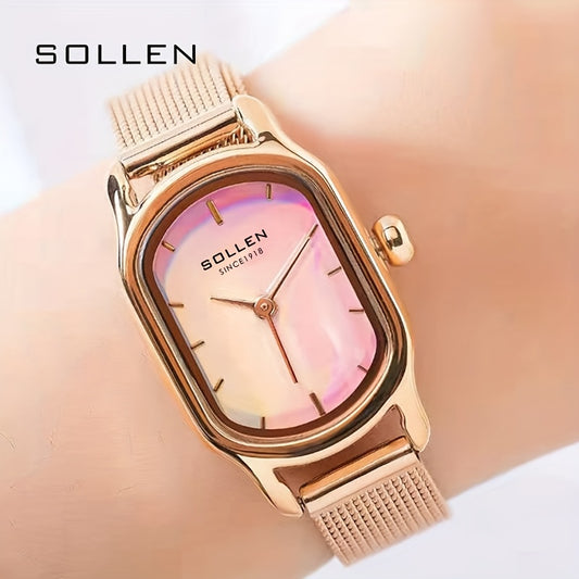 SOLLEN Women'S Quartz Watch - Stylish Colorful Square Dial, Rose Golden Stainless Steel Band, Elegant Pointer Display, Perfect for Birthdays, Valentine's, Mother'S Day & Anniversaries, Wrist Watc