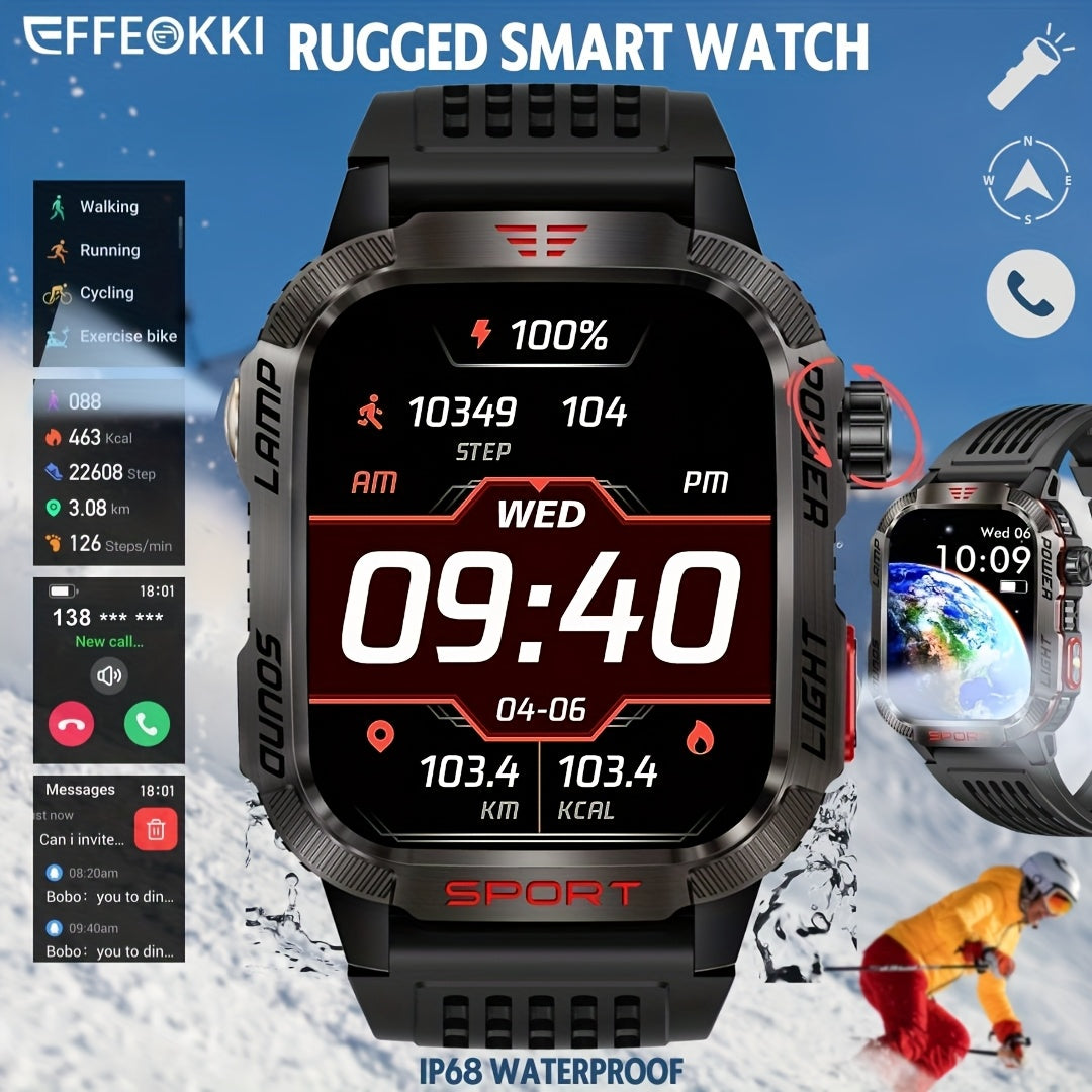 Effeokki Rugged Smart Watch for Men with Wireless Calling, 2.01 Inch IPS Display, 100+ Sports Modes, Fitness Tracker, Altitude air pressure, Compass, LED Flashlight, High Quality, Compatible with iPhone & Android for Outdoor & Adventure