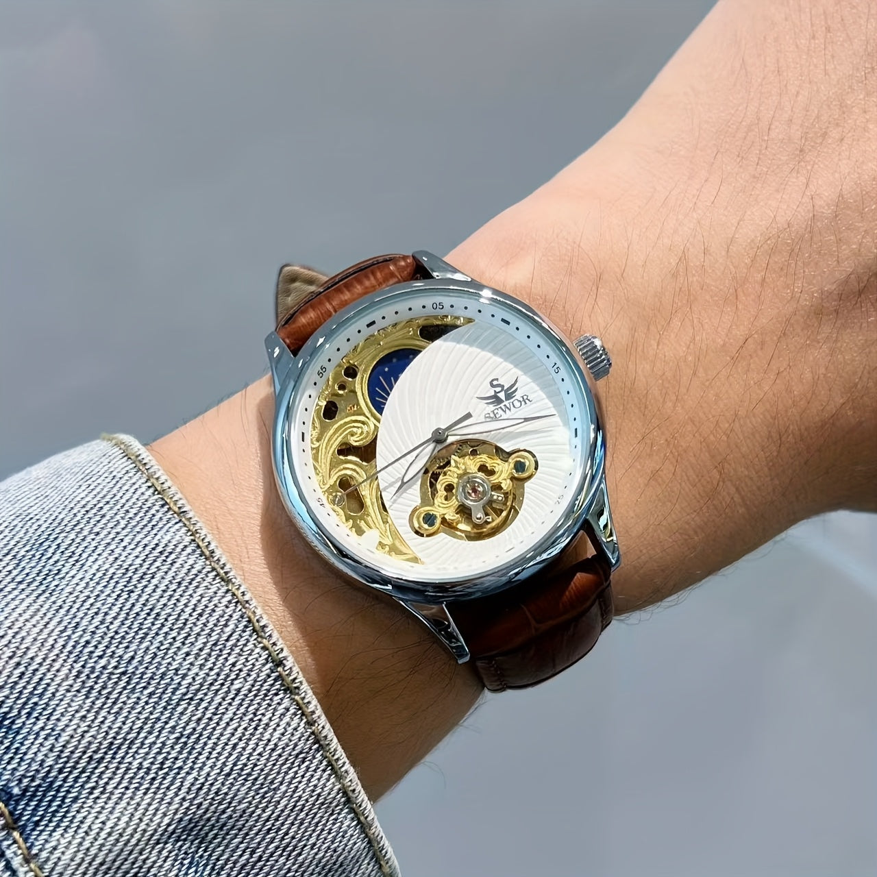Men'S Vintage Mechanical Watch with Skeleton Design, Golden-Tone Alloy Case & Faux Leather Strap - Elegant Business Casual Wristwatch, No Battery Needed, Unique Gift for Him, Christmas Present, Luxury Watch, Sophisticated Craftsmanship
