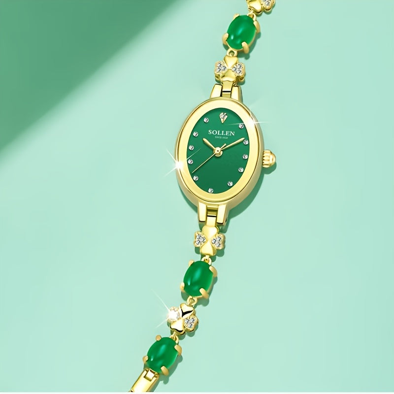 Vintage Oval Radiance Quartz Bracelet Watch for Women - Emerald Green Dial & Rose Golden Case, Sparkling Accents, Elegant Romantic Design for Valentine's Day, Chinese New Year, Mardi Gras Gifts, Bling Watch, Special Occasion Wristwatch, Goldtone Bracelet
