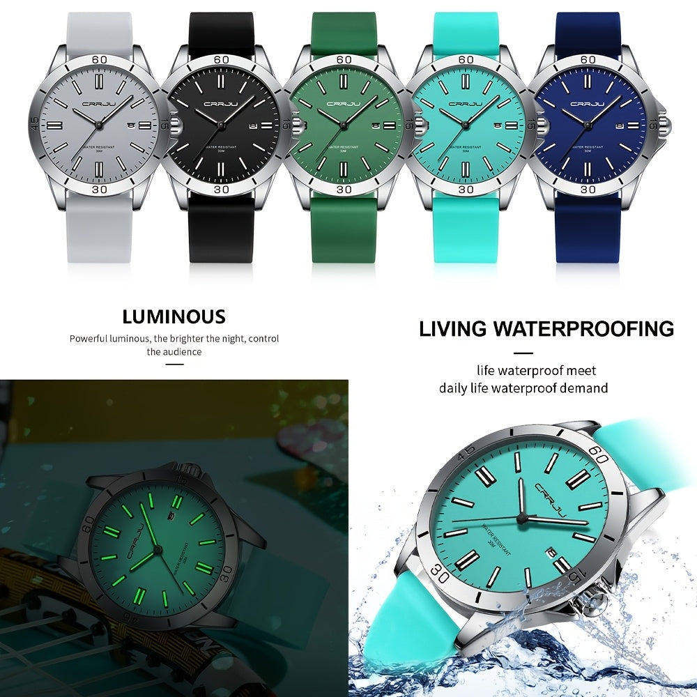 1pc CRJJU Sports Watch 1pc CRJJU Men's Sports Watch | Casual Simple Waterproof Quartz with Calendar, Round Zinc Alloy Case, Rubber Strap, Battery Powered Electronic Movement, Non-Precious Metal, Glow Details