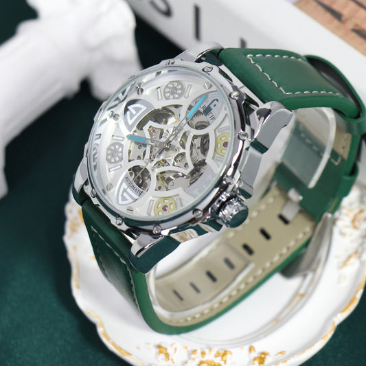 1pc KIMSDUN Men'S Casual Mechanical Watch, White Green Faux Leather Strap, Fashion Night Glow Clover Design, Zinc Alloy Case, Self-Winding Movement, Pointer Display - Youth Fashion Accessory, Without Battery