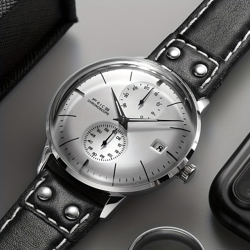 FEICE Brand Magic Pattern Series 3D Double Curved Surface Mirror Business Casual Men's Watch Automatic Mechanical Watch Cowhide Strap Simple Men's Watch Waterproof Luminous Hands Independent Second Dial Calendar Energy Needle Indication