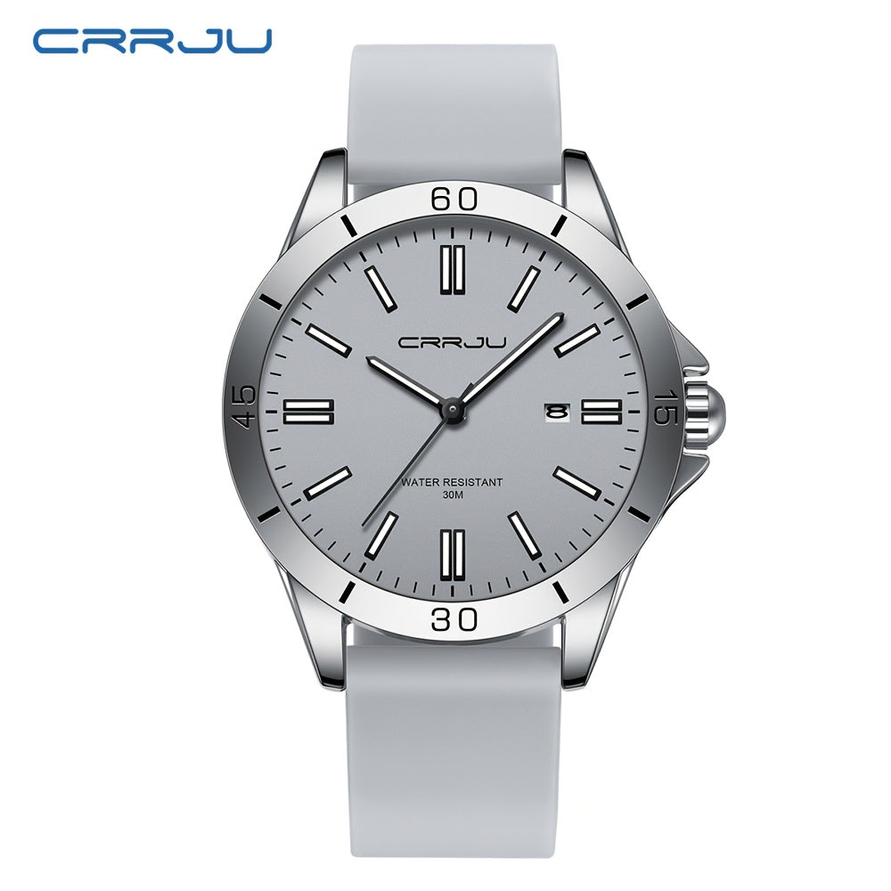 1pc CRJJU Sports Watch 1pc CRJJU Men's Sports Watch | Casual Simple Waterproof Quartz with Calendar, Round Zinc Alloy Case, Rubber Strap, Battery Powered Electronic Movement, Non-Precious Metal, Glow Details