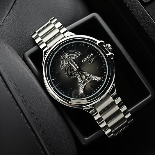 Men's Classic Quartz Watch with Unique Iron Tower Design