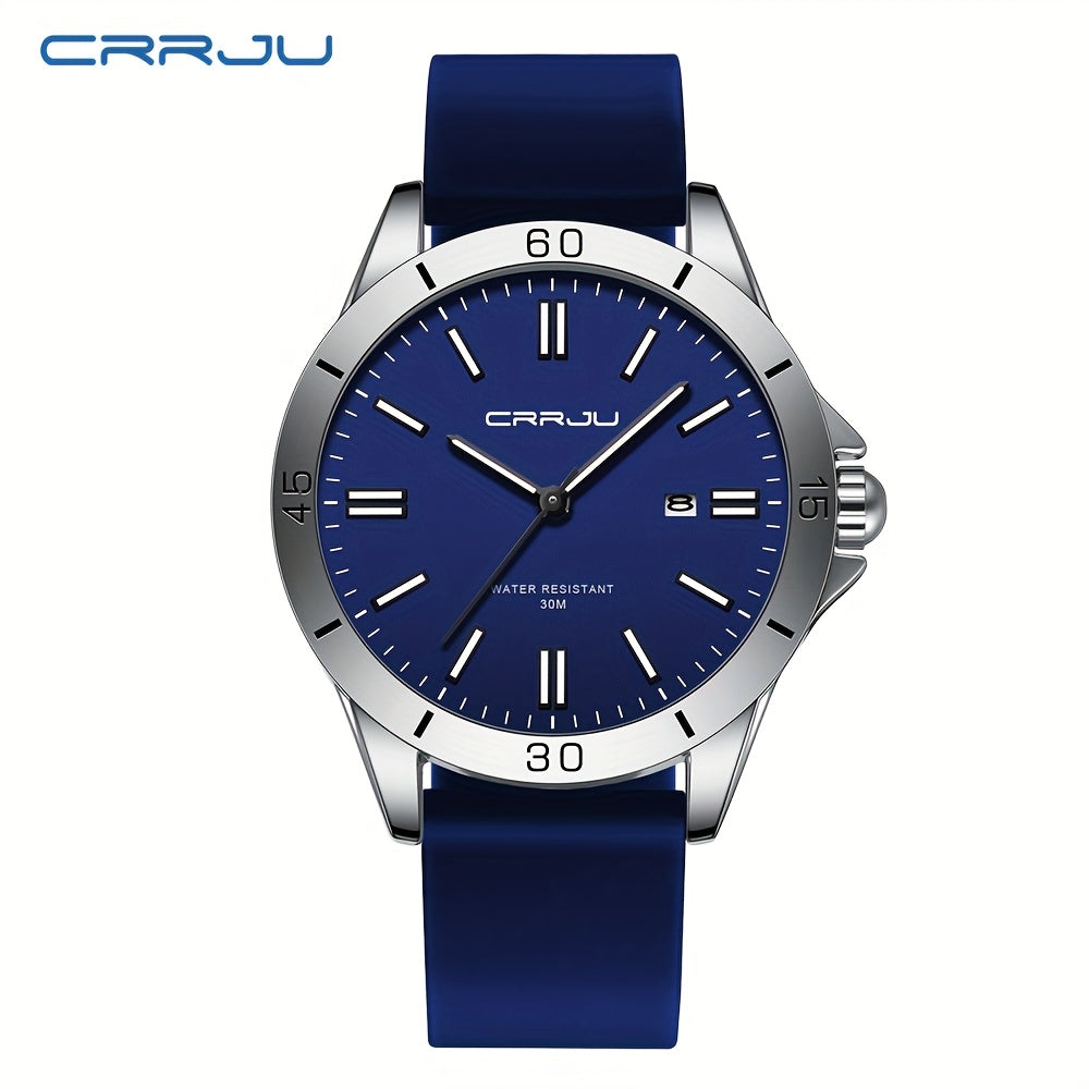 1pc CRJJU Sports Watch 1pc CRJJU Men's Sports Watch | Casual Simple Waterproof Quartz with Calendar, Round Zinc Alloy Case, Rubber Strap, Battery Powered Electronic Movement, Non-Precious Metal, Glow Details