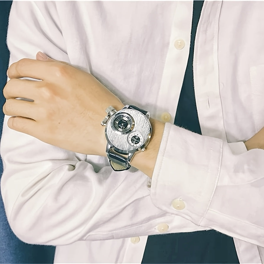 Elegant Watch Vintage Men's Large Dial Watch | Fashionable Dual Time Zone, Quartz Movement, Alloy Case, Black Faux Leather Strap, Battery Operated