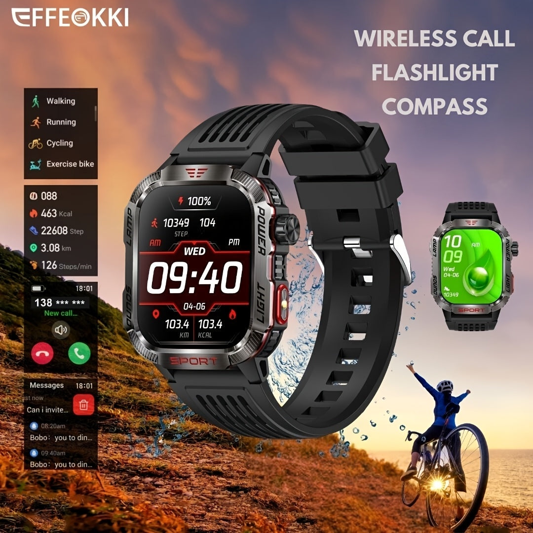 Effeokki Rugged Smart Watch for Men with Wireless Calling, 2.01 Inch IPS Display, 100+ Sports Modes, Fitness Tracker, Altitude air pressure, Compass, LED Flashlight, High Quality, Compatible with iPhone & Android for Outdoor & Adventure