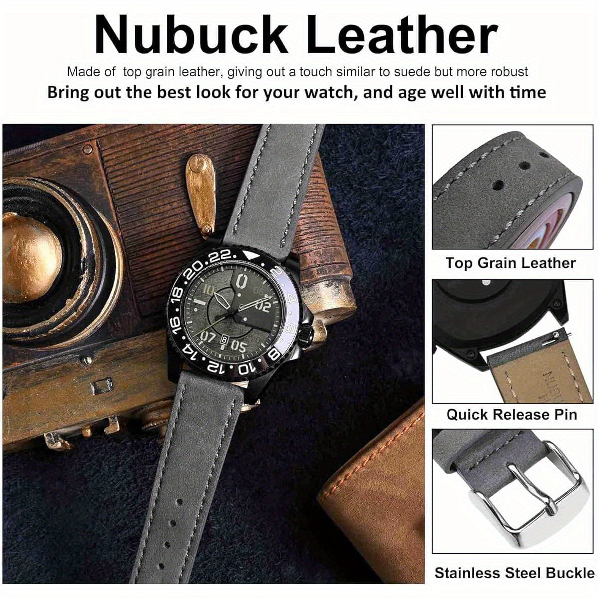 WOCCI Retro Nubuck Leather Watch Straps with Quick Release Stainless Steel Buckle - 18mm 20mm 22mm Widths, Casual Elegant Brown & Black Straps for Men & Women, Versatile for Everyday & Formal Wear