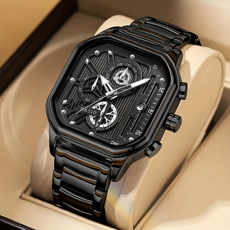 Men'S Elegant Black Silveryy Stainless Steel Quartz Watch with World Time & Date Display, Multi-Functional Dial, Pointer Display, Battery-Powered (Button Cell) for Casual & Formal Wear, Formal Timepiece, Robust Timepiece