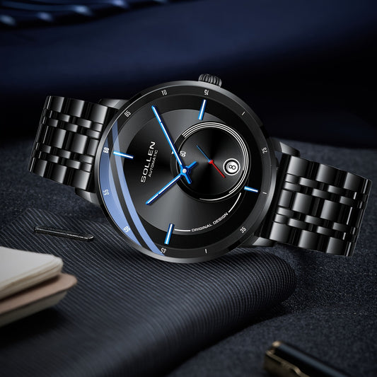 GOLLEN Men'S Retro Automatic Mechanical Watch - Stainless Steel Case & Bracelet, Blue Dial with Roman Numerals, Luminous Hands, Date Display, Casual Style for Casual Attire, Everyday Watch | Elegant Watch | Luminous Hands Watch, Without Battery