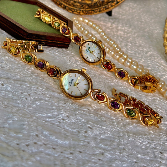 Quartz Watch with Gemstone Accents Boho Style Oval Quartz Wrist Watch for Women with Gemstone Accents, Analog Display, Non-, Alloy Band & Case, Elegant Vintage Fashion, Perfect for Daily Wear, Parties & Gifts