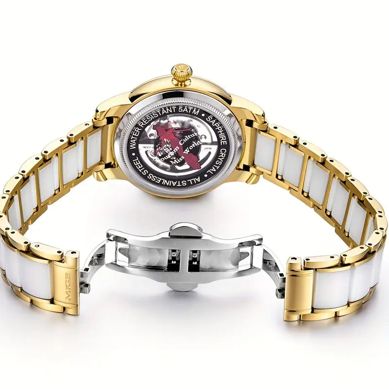 MIGE Elegant Women'S Stainless Steel Automatic Watch with Luminous Hands - Round Face, White Dial, Rose Golden Accents, and Sparkling Bezel - Perfect for Casual, Business, and Everyday Wear