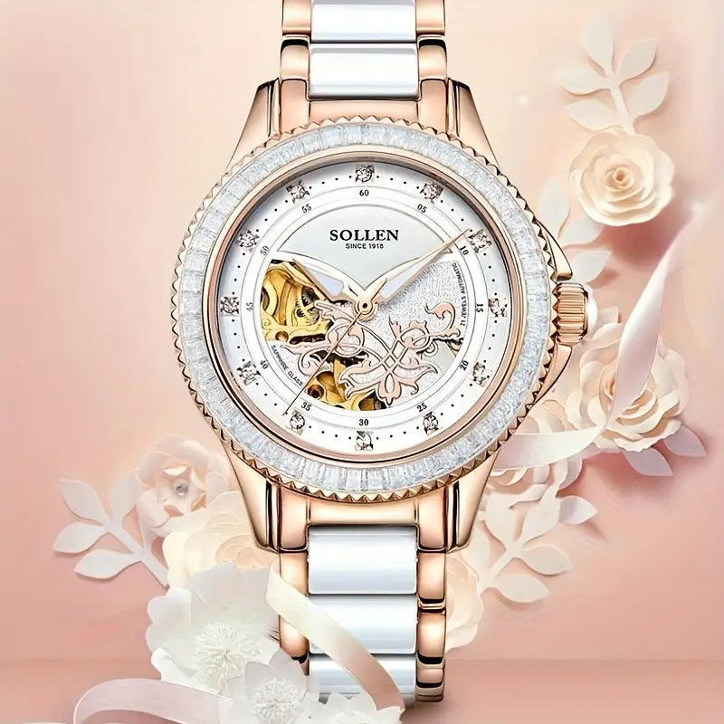 Women'S Elegant Mechanical Watch - Model 402, Featuring a Skeleton Design (Openwork), Ceramic Bracelet, Light Luxury Style