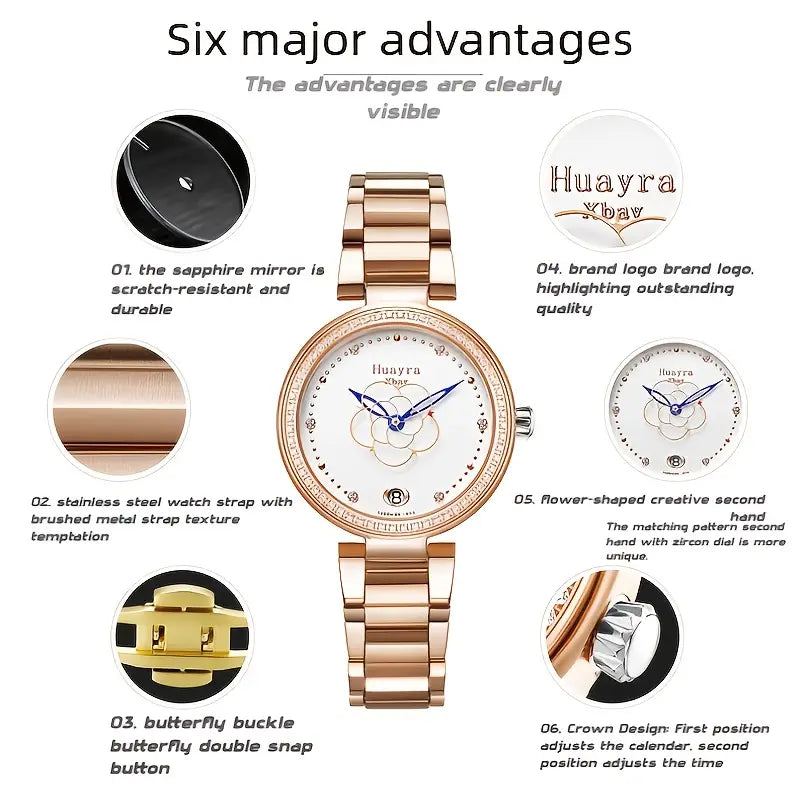 Huayra Women's Automatic Mechanical Watch - Elegant Floral dial, Stainless Steel Case & Band, Mechanical Movement