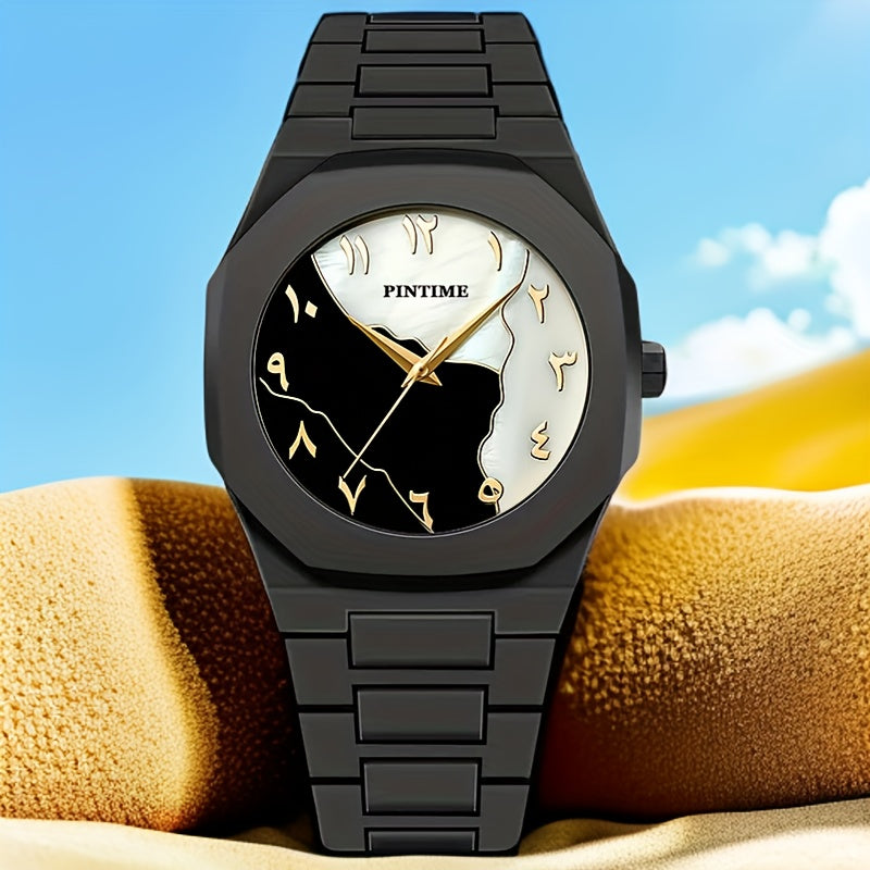 PINTIME Black Golden Trendy Casual Watch, Ultra-Thin Lightweight Quartz Wristwatch, Polygonal Dial with Arabic Numeral Markings, Simple And Stylish Couple'S Model for Students.