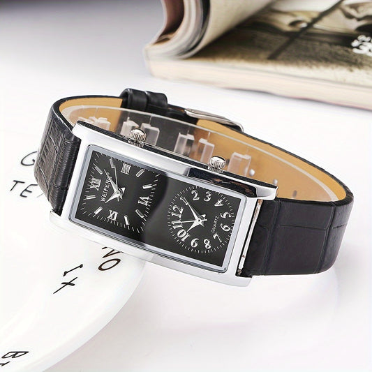 Dual Time Zone Watch Stylish Dual Time Zone Quartz Watch - Elegant Rectangular Face with Roman Numerals, Black PU Leather Strap, World Time Feature, Zinc Alloy Case, Perfect for Casual or Business Wear