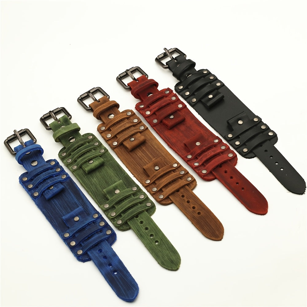 1pc Genuine Calf Leather Watch Band for Men, 24mm Casual Style with Hook-and-Loop Fastener, Available in Black, Brown, Blue, Green - Ideal for Valentine'S Day, Christmas, Father'S Day Gifts