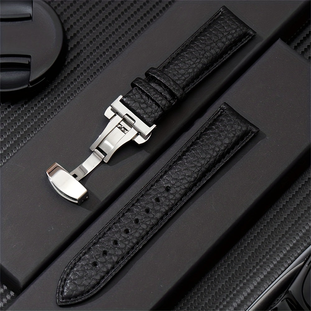 Stylish Synthetic Synthetic Leather Watch Strap with Butterfly Clasp - Soft Litchi Texture, White, 20mm\u002F22mm, Stainless Steel Buckle, Adjustable Fit for Men and Women