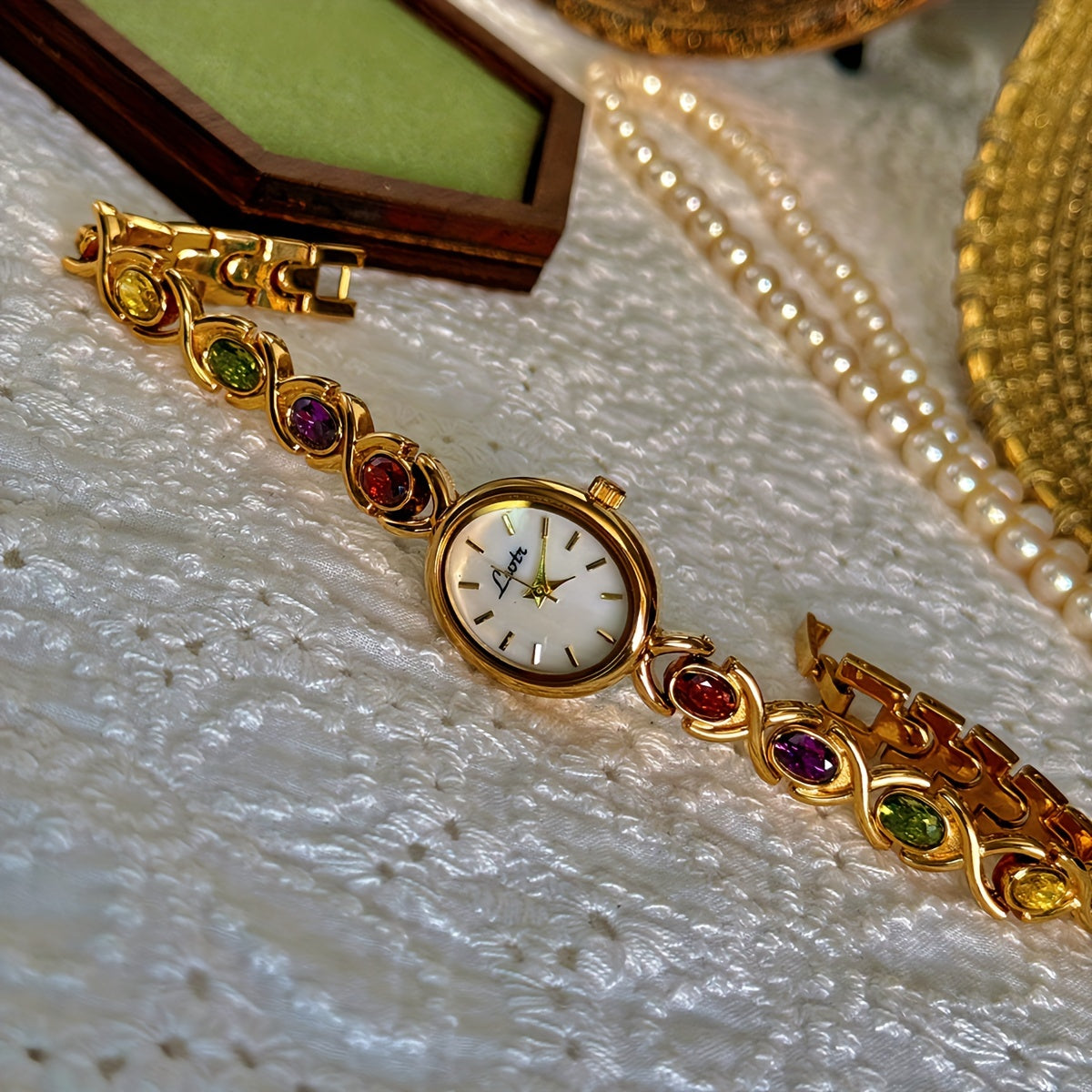 Quartz Watch with Gemstone Accents Boho Style Oval Quartz Wrist Watch for Women with Gemstone Accents, Analog Display, Non-, Alloy Band & Case, Elegant Vintage Fashion, Perfect for Daily Wear, Parties & Gifts