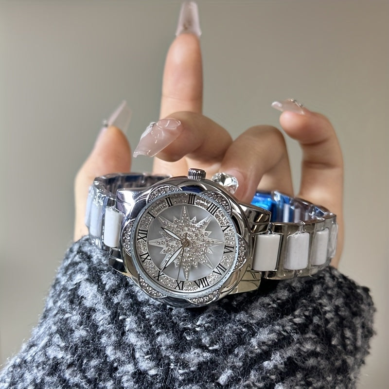 Trendy Rhinestone-Embellished Rotating Dial Women'S Quartz Watch - Casual Minimalist Elegant Fashion Student Watch - Rotatable Dial - Suitable for Couple Gifts, Valentine'S Day, Goddess Day, etc.