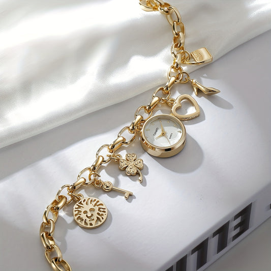 Bohemian Wristwatch Bracelet with Golden-Tone Zinc Alloy Case, Stainless Steel Band & Quartz Movement - Decorative Charms (Clover, Key, Star) for Casual Attire or Gift